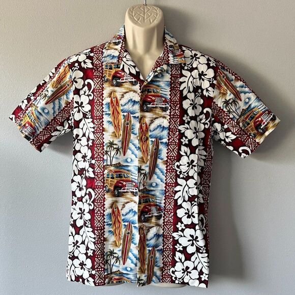 Jade Fashions Vintage Hawaiian Surf/Woody/Hibiscus Button Shirt Size S - Picture 1 of 5